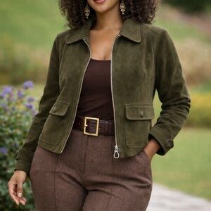 Vintage Y2K Faux Suede Zip Jacket Olive Green Minimalist Utility Jacket